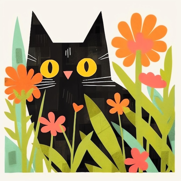 diseño encantador y caprichoso con un solo gato y flores