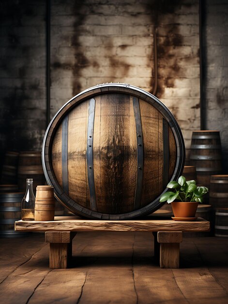 Diseño de envases de barriles Barril de madera Barril de barro Decoración de palos Paquete en blanco Idea de concepto de foto Creativo