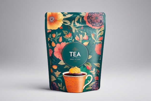 Diseño de envases de té coloridos con maqueta de bolsa con cremallera plantilla de adorno vectorial