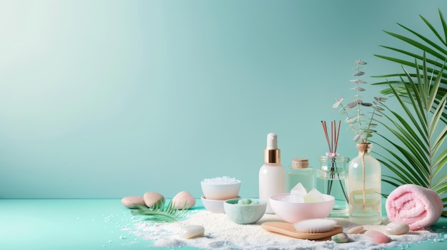 Diseño equilibrado de artículos de belleza y bienestar con un área de copia discreta