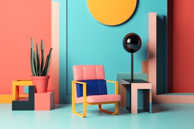 diseño escandinavo hogar sillón memphis arte sofá habitación geométrico colorido interior IA generativa