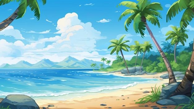 Diseño de escena de playa de anime con imagen de isla tropical, arte generado por Ai