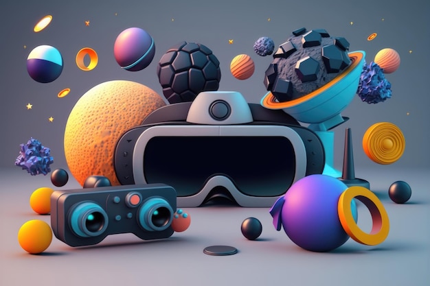 Diseño espacial con planetas 3d realistas y asteroides espaciales y cometas juego de gafas virtuales y gamepad generado por IA