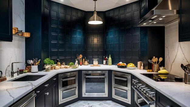 Diseño de esquina de cocina de lujo con pared azul oscuro