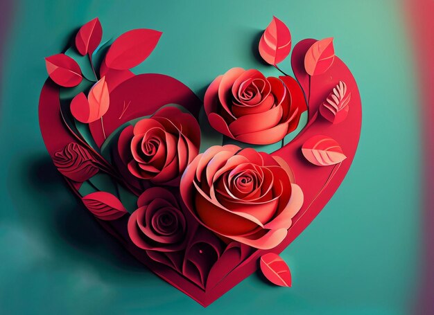 diseño de estandarte artístico de rosas rojas y el corazón de papel en San Valentín