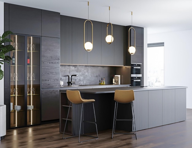 Diseño de estilo minimalista interior de cocina negra de lujo moderno de renderizado 3d