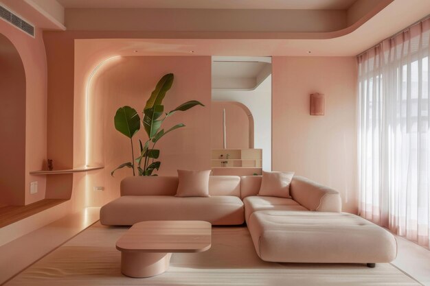 Diseño de estilo minimalista rosa milenario interior del apartamento y sala de estar moderna