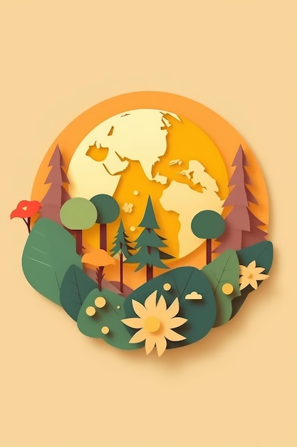 Un diseño de estilo papercut amarillo promueve la ecología y la conciencia ambiental IA generativa