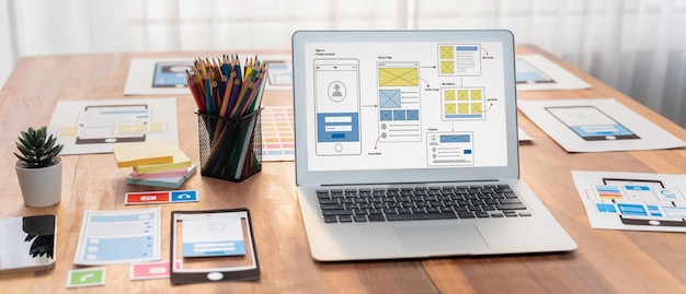 Diseño de estructura alámbrica digital para la interfaz de usuario de la aplicación web o móvil en una computadora portátil