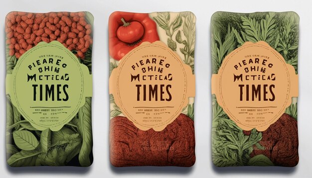 Foto diseño de etiquetas de empaque de carne molida vegana usando hierbas y hojas.