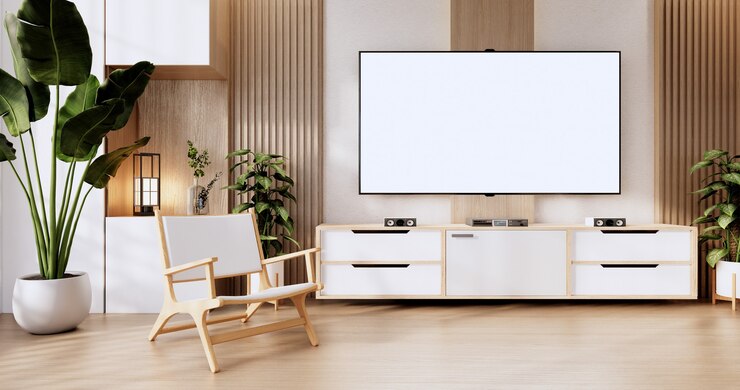 Foto diseño de exhibición de madera del gabinete en la sala de estar minimalista japonesa roon unterior, representación 3d