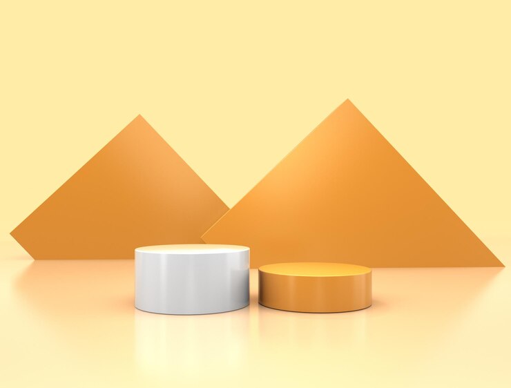 Diseño de exhibición de productos de podio amarillo y blanco.