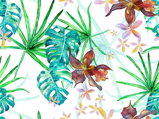 Diseño exótico hawaiano. Textura de tapicería de Tailandia. Patrón sin costuras de orquídeas. Traje de baño rojo e índigo estampado con orquídeas y hojas de palmera. Fondo floral acuarela. Impresión de verano tropical.