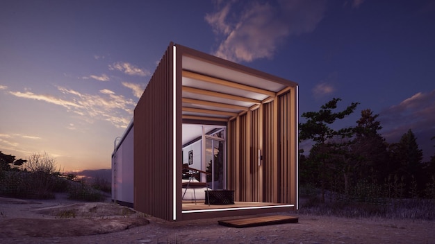 Diseño exterior de una casa pequeña de madera en el bosque en la noche arquitectura diseño 3d ilustración