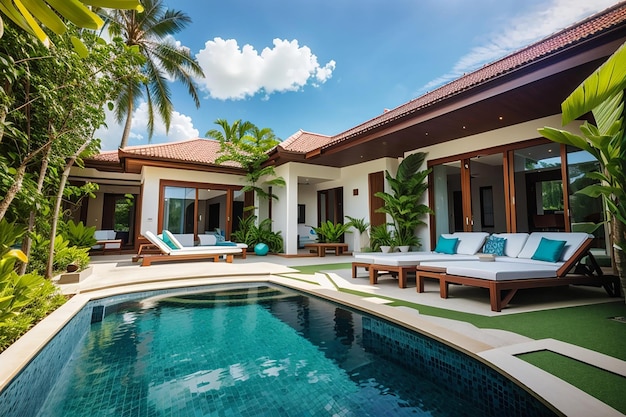 Diseño exterior e interior que muestra una villa con piscina tropical, jardín verde con tumbonas y cielo azul