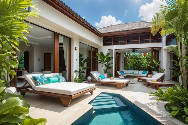 Diseño exterior e interior que muestra una villa con piscina tropical, jardín verde con tumbonas y cielo azul