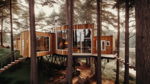 El diseño exterior de la moderna casa del árbol escandinava de madera con árboles altos en el bosque y vista al lago Imagen generativa de IA AIG30