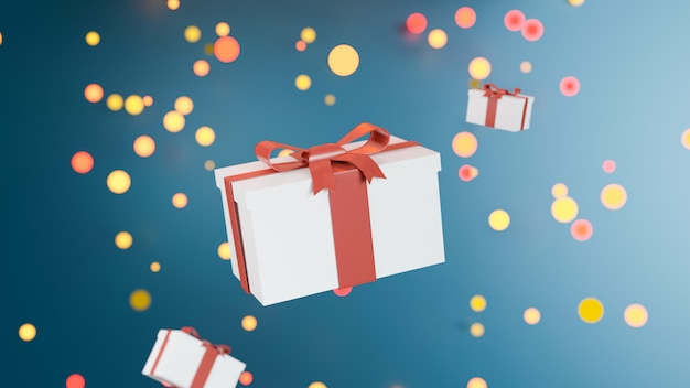 Diseño de feliz cumpleaños con caja de regalo en bokeh blackground. Representación 3d