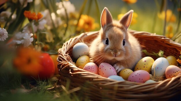 Foto diseño de feliz día de pascua con huevos realistas pintados de colores y conejo lindo