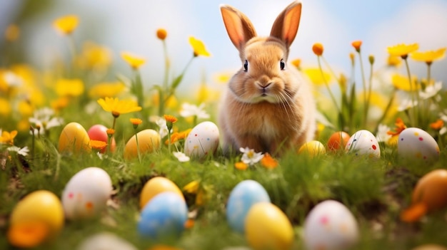 Foto diseño de feliz día de pascua con huevos realistas pintados de colores y conejo lindo