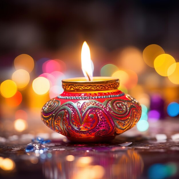 Diseño feliz de diwali con diya realista o lámpara de aceite sobre fondo brillante bokeh Generative Ai