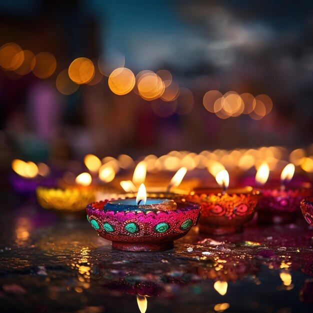 Diseño feliz de diwali con diya realista o lámpara de aceite sobre fondo brillante bokeh Generative Ai