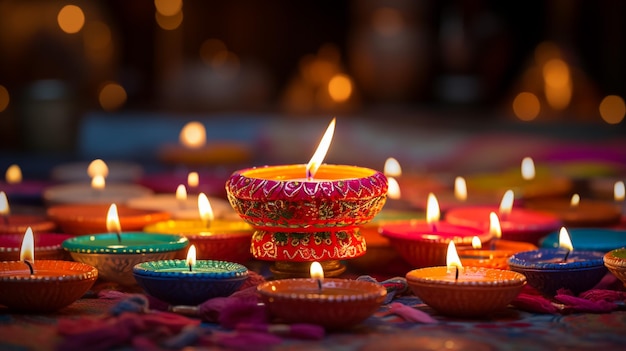 Diseño feliz de diwali con elementos de lámpara de aceite diya sobre fondo de rangoli púrpura efecto brillante bokeh