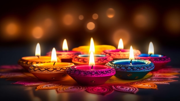 Diseño feliz de diwali con elementos de lámpara de aceite diya sobre fondo de rangoli púrpura efecto brillante bokeh