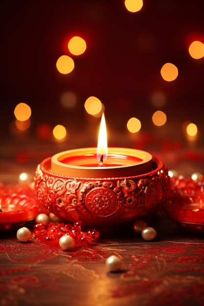 Diseño feliz diwali con velas encendidas y fondo rojo