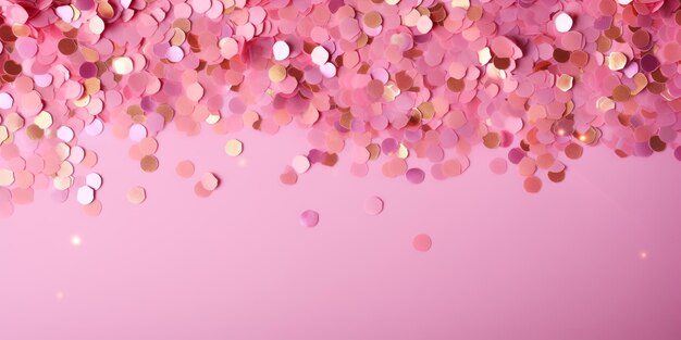 Diseño festivo con espacio de copia de papel de aluminio brillante metálico confeti en rosa