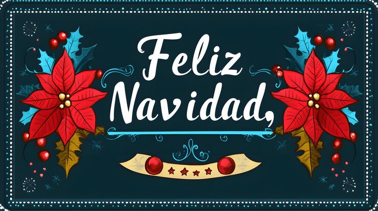 Foto un diseño festivo con feliz navidad con poinsettias y elementos decorativos