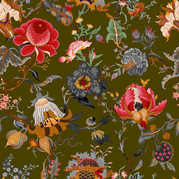 Diseño floral antiguo y uniforme con base oscura para estampados textiles y fondos de pantalla