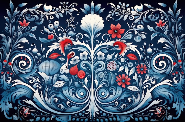 Un diseño floral azul y rojo sobre un fondo negro ai