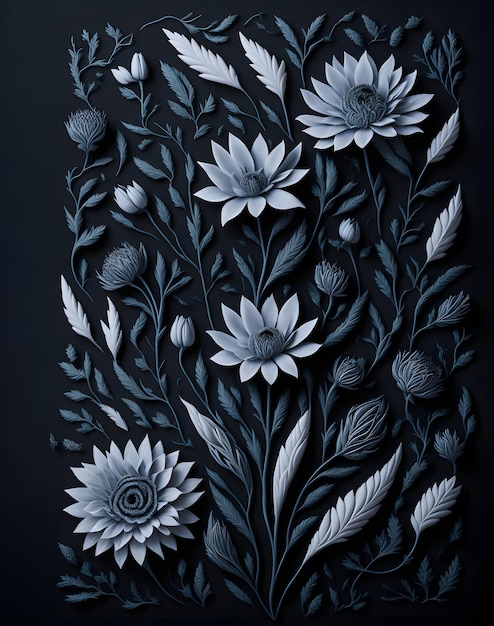 Un diseño floral en blanco y negro con una hoja en él.