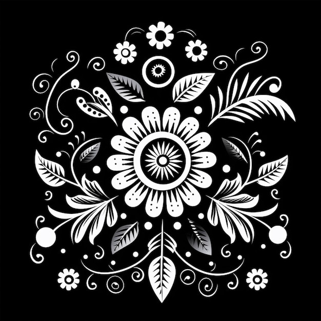 un diseño floral en blanco y negro con hojas y flores ai generativo