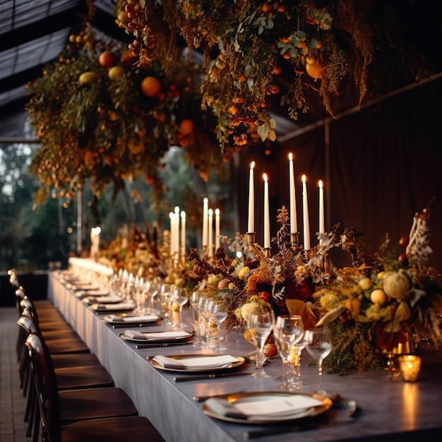 diseño floral para cena de mesa larga