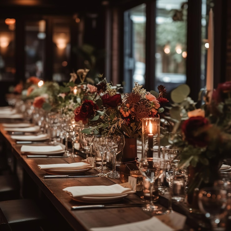 Foto diseño floral para cena de mesa larga