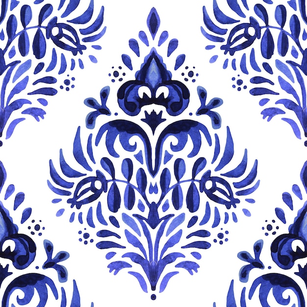 Diseño floral dibujado a mano damasco azul. Patrón de pintura acuarela ornamental inconsútil abstracto para tela y baldosas de cerámica.