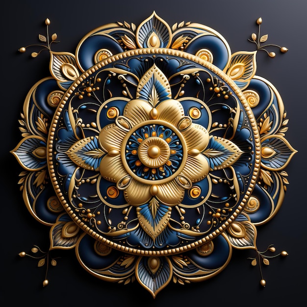 Foto un diseño floral dorado y azul está en un fondo negro