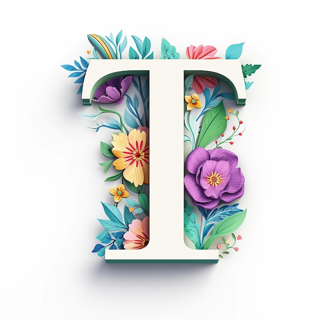 Diseño floral de logotipo genérico con letra T en alfabeto de forma 3d de corte de papel