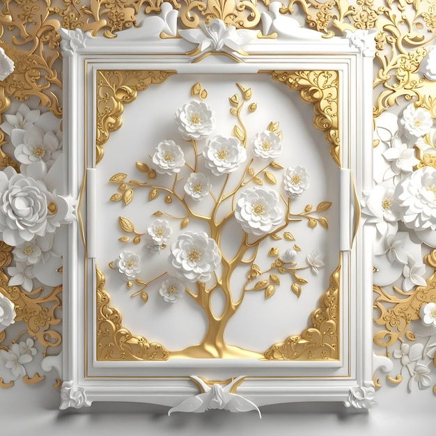 Diseño floral marco pared ornamento diseño interior floral dorado blanco