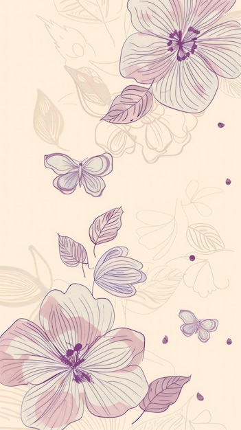 Foto un diseño floral con mariposas y hojas de colores púrpura y beige suave