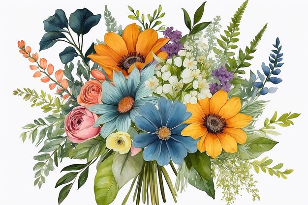 Diseño floral de medios mixtos ramo de flores de verano con arte botánico