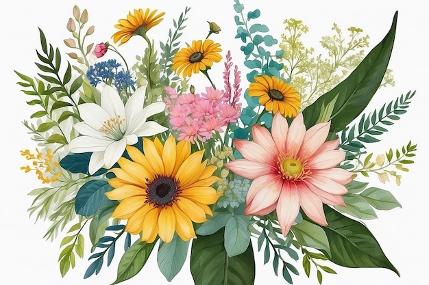 Diseño floral de medios mixtos ramo de flores de verano con arte botánico