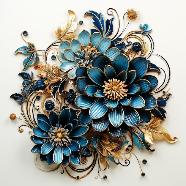 Diseño floral metálico abstracto con fondo negroPintura floral digitalDesi floral decorativo