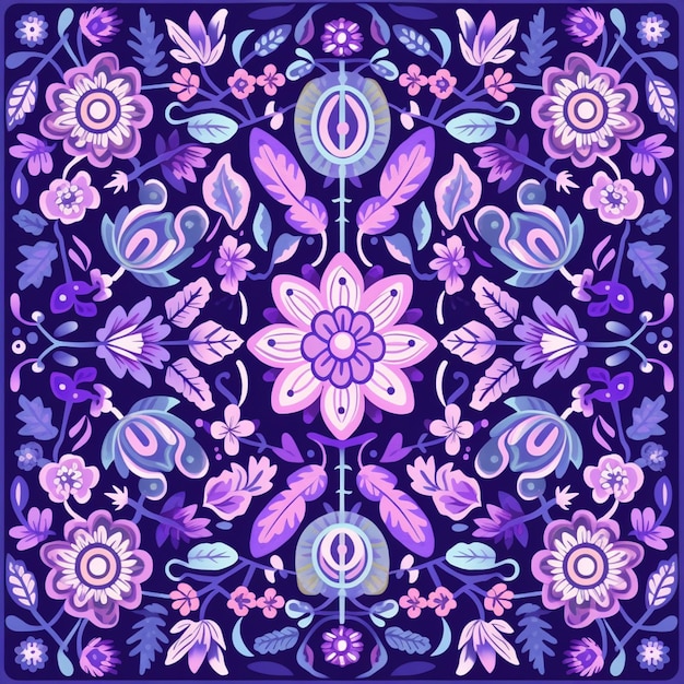 diseño floral morado y azul con hojas y flores sobre un fondo oscuro ai generativo