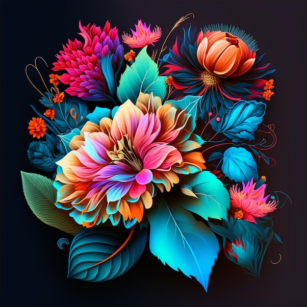 Diseño floral original con flores exóticas y hojas tropicales Flores coloridas sobre fondo oscuro