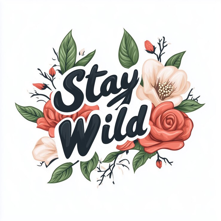 Foto un diseño floral con la tipografía stay wild rodeado de rosas, hojas verdes y elementos florales