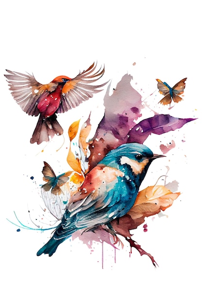 Diseño floral de verano con pájaros pintados a mano en diferentes colores sobre fondo blanco AI generado
