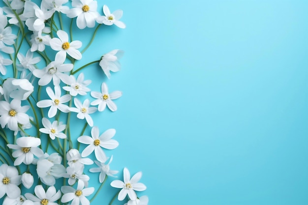 diseño con flores de granola de nieve en un fondo azul brillante